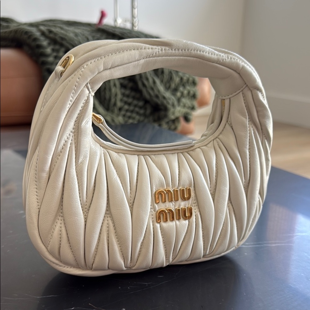 Miu Miu Cream Quilted Leather Mini Shoulder Bag with Gold Logo